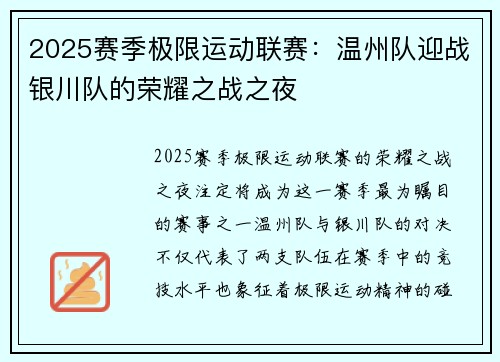 2025赛季极限运动联赛：温州队迎战银川队的荣耀之战之夜